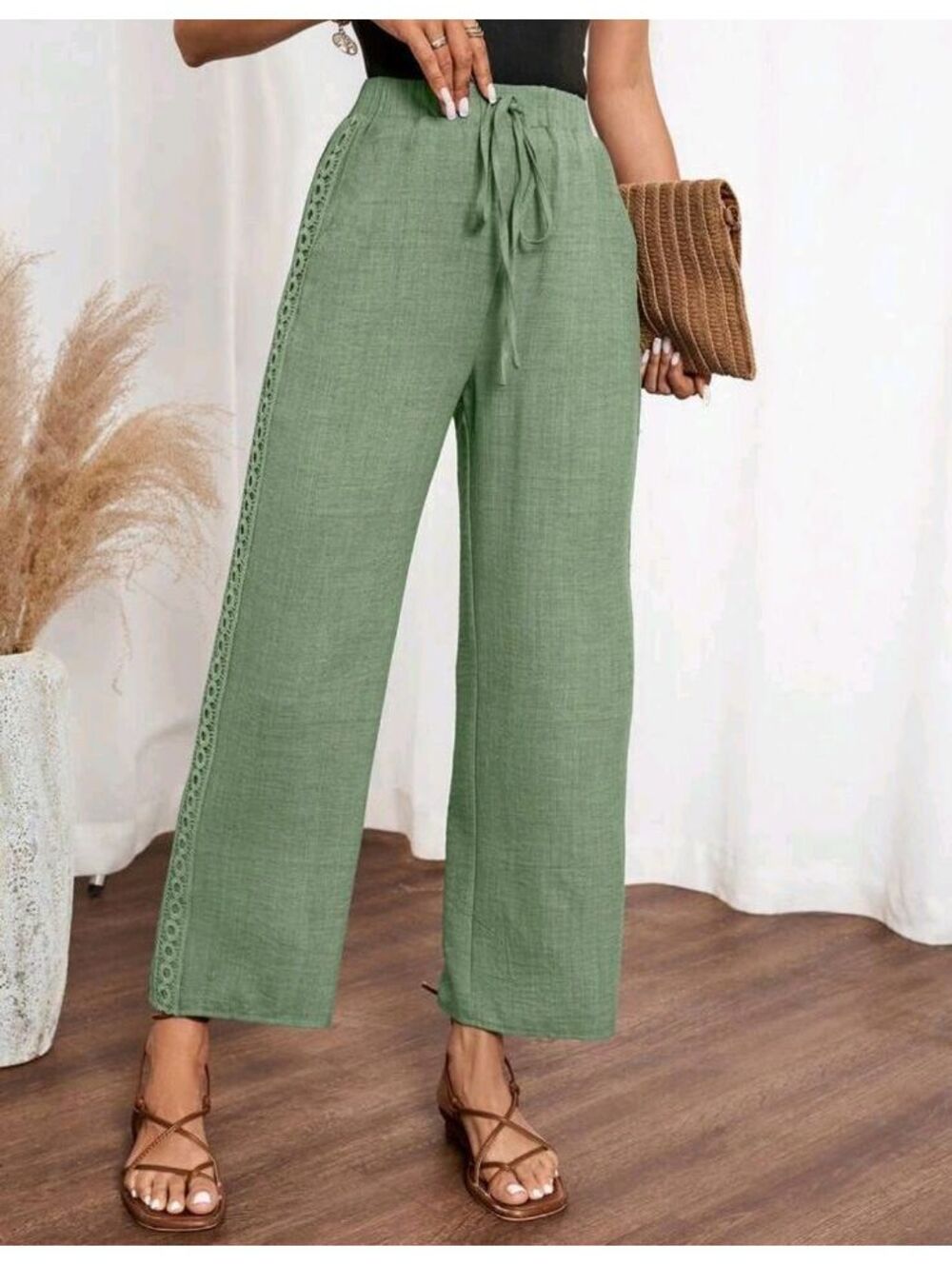 Women's Lightweight Sage Green Wide Leg Pants with Side Lace Detail and Drawcord
